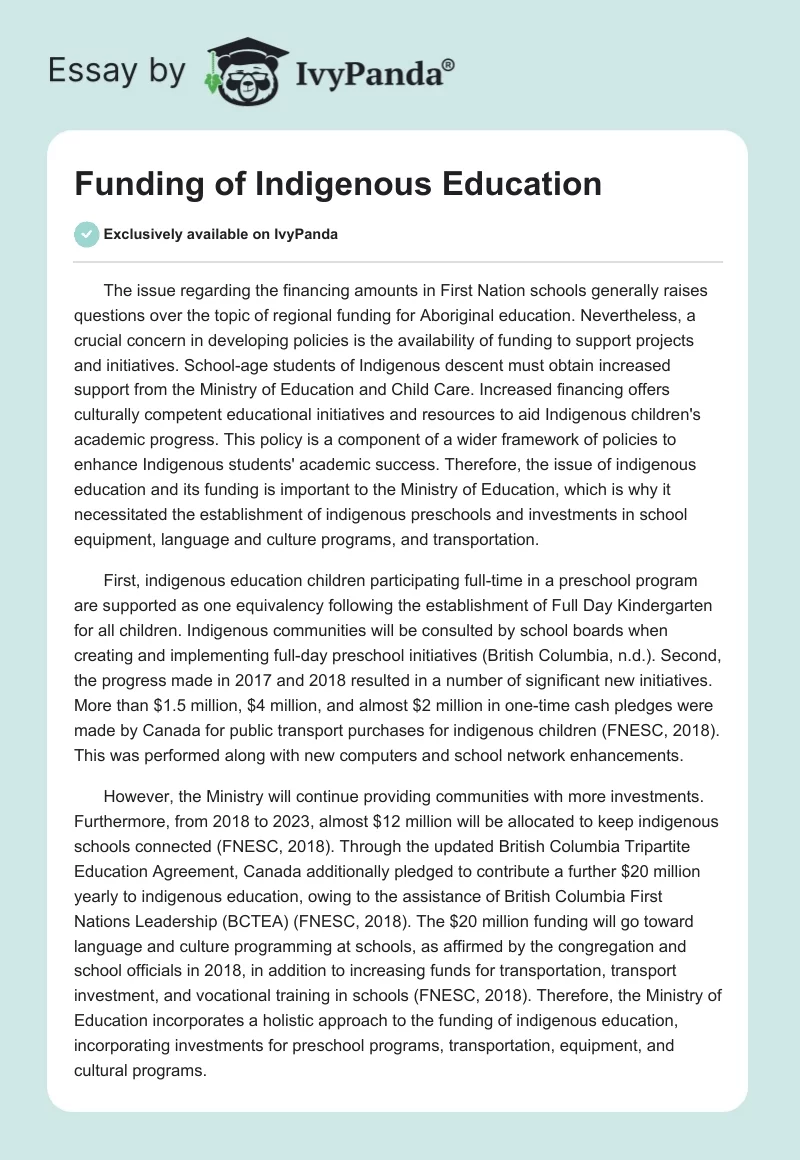 Funding of Indigenous Education. Page 1