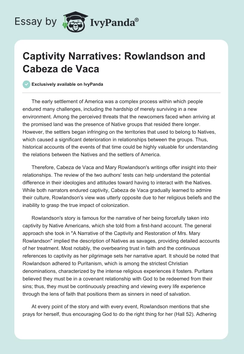 Captivity Narratives: Rowlandson and Cabeza de Vaca. Page 1