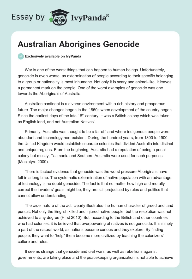 Australian Aborigines Genocide. Page 1