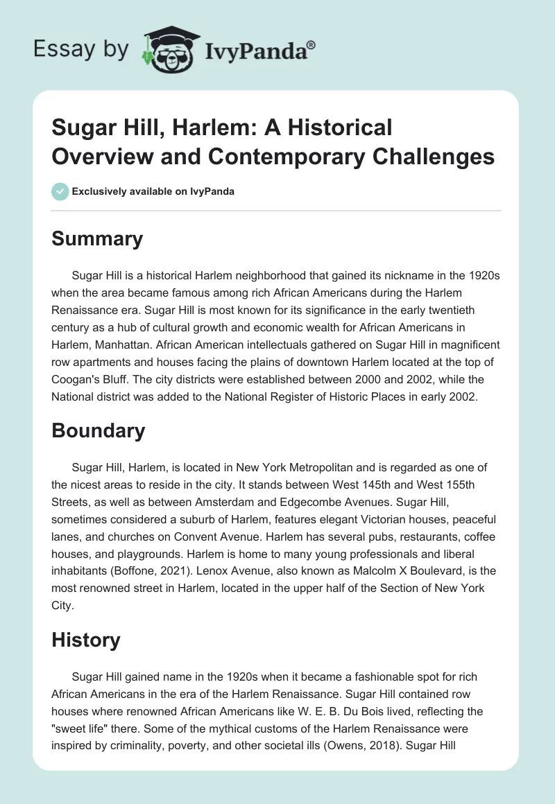 Sugar Hill, Harlem: A Historical Overview and Contemporary Challenges. Page 1