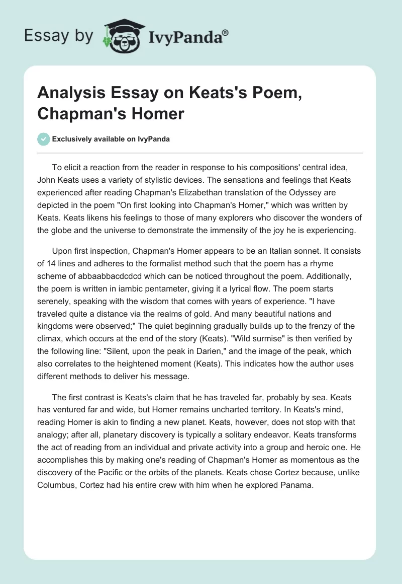 Analysis Essay on Keats's Poem, Chapman's Homer. Page 1