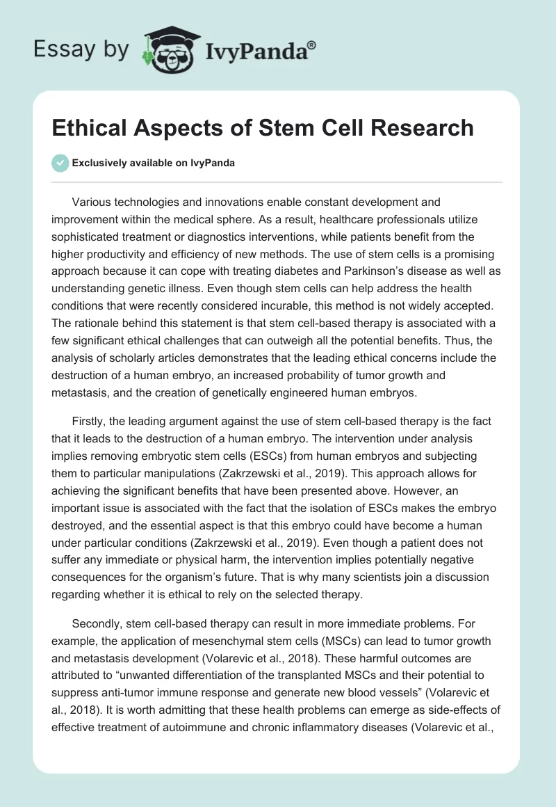 Ethical Aspects of Stem Cell Research. Page 1