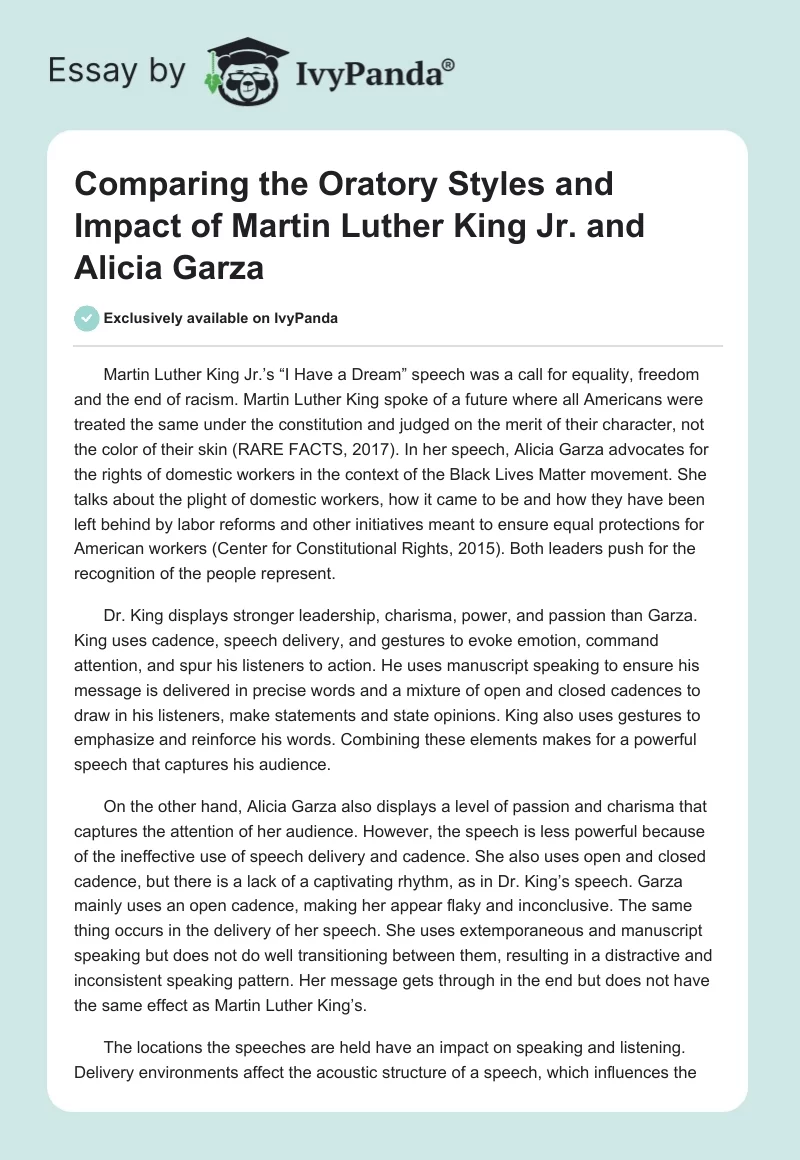 Comparing the Oratory Styles and Impact of Martin Luther King Jr. and Alicia Garza. Page 1