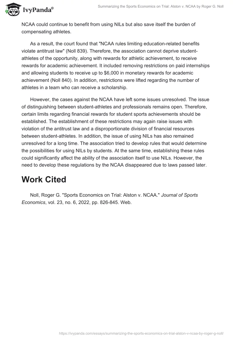 Summarizing the "Sports Economics on Trial: Alston v. NCAA" by Roger G. Noll. Page 2
