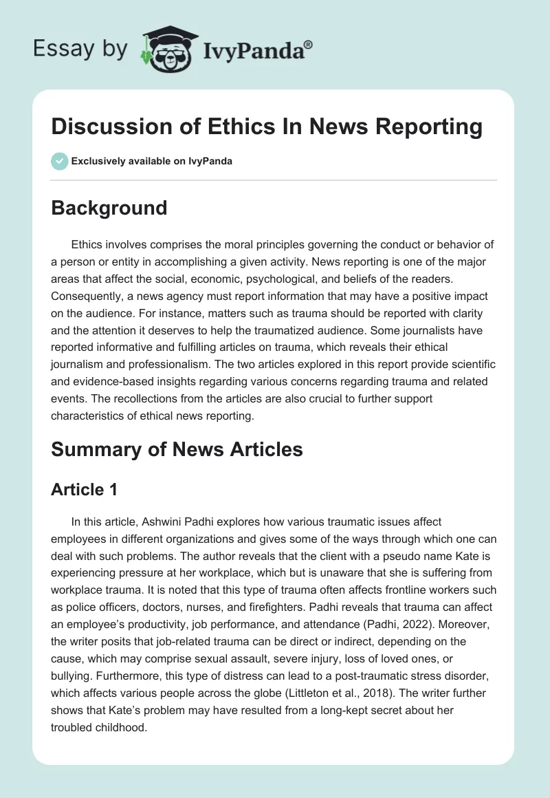 Discussion of Ethics In News Reporting. Page 1