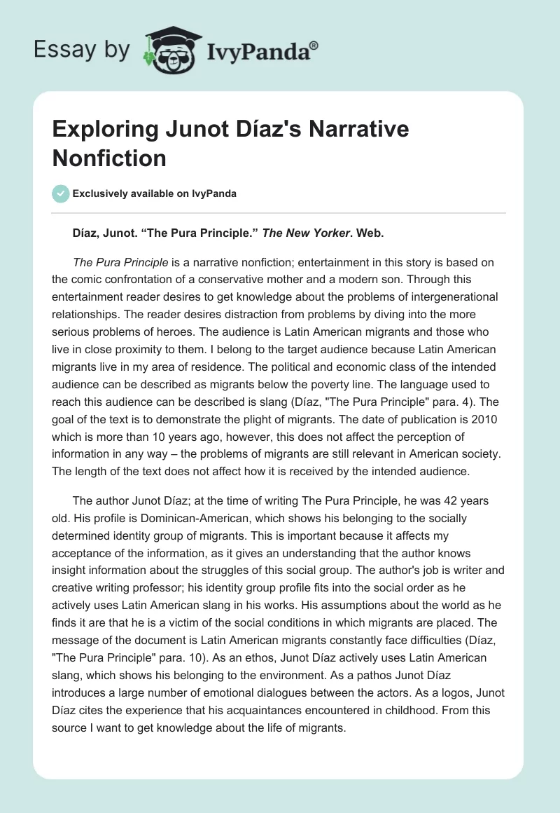 Exploring Junot Díaz's Narrative Nonfiction. Page 1