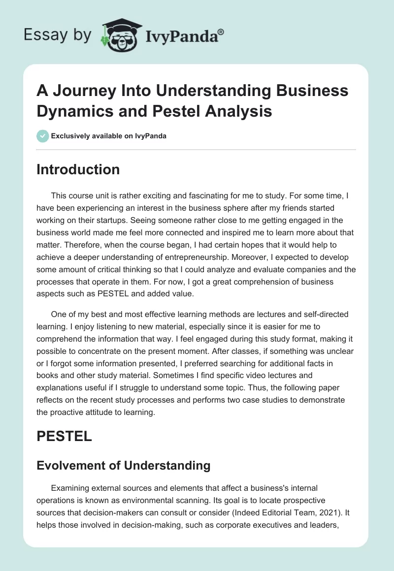 A Journey Into Understanding Business Dynamics and Pestel Analysis. Page 1