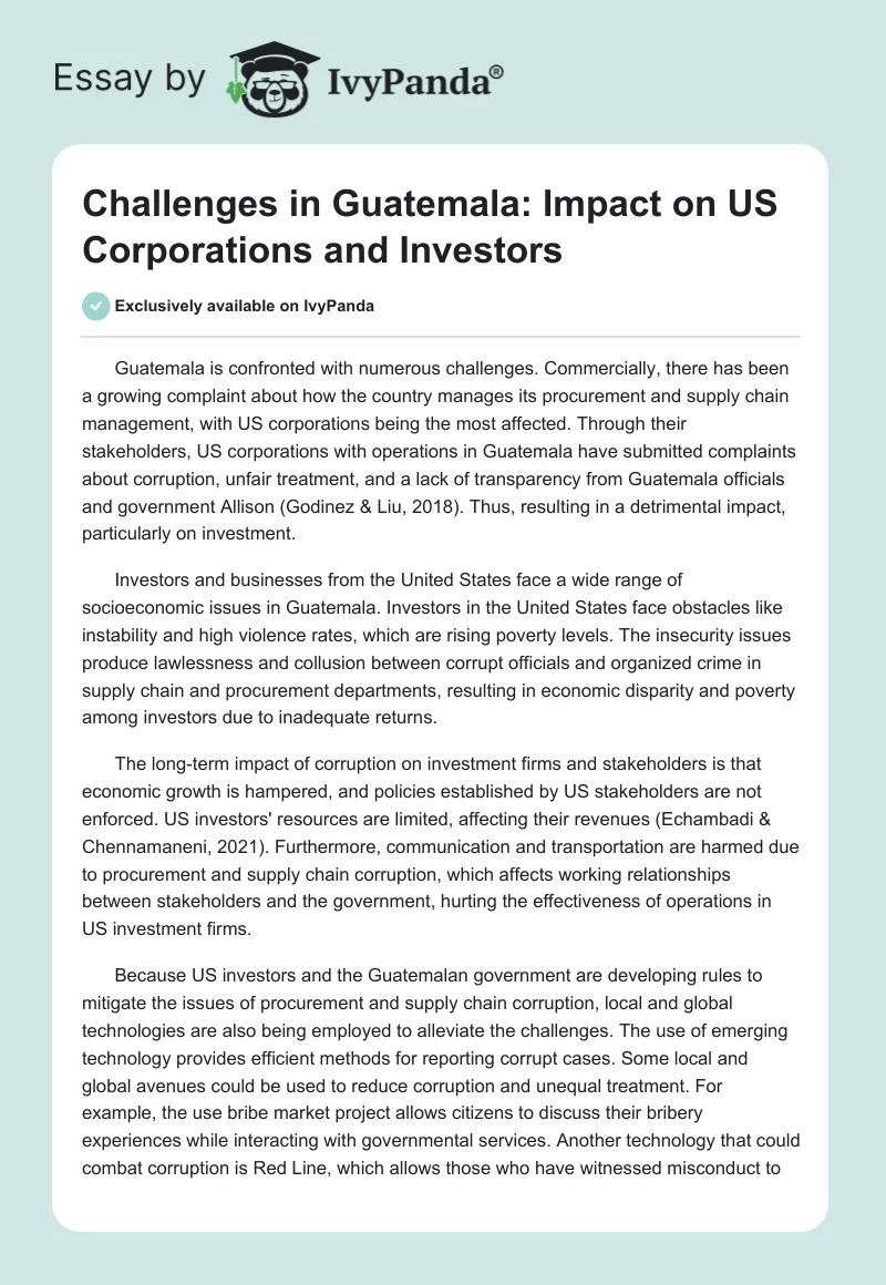Challenges in Guatemala: Impact on US Corporations and Investors. Page 1