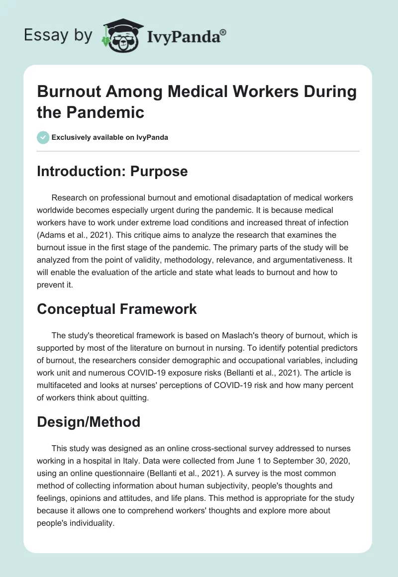 Burnout Among Medical Workers During the Pandemic. Page 1
