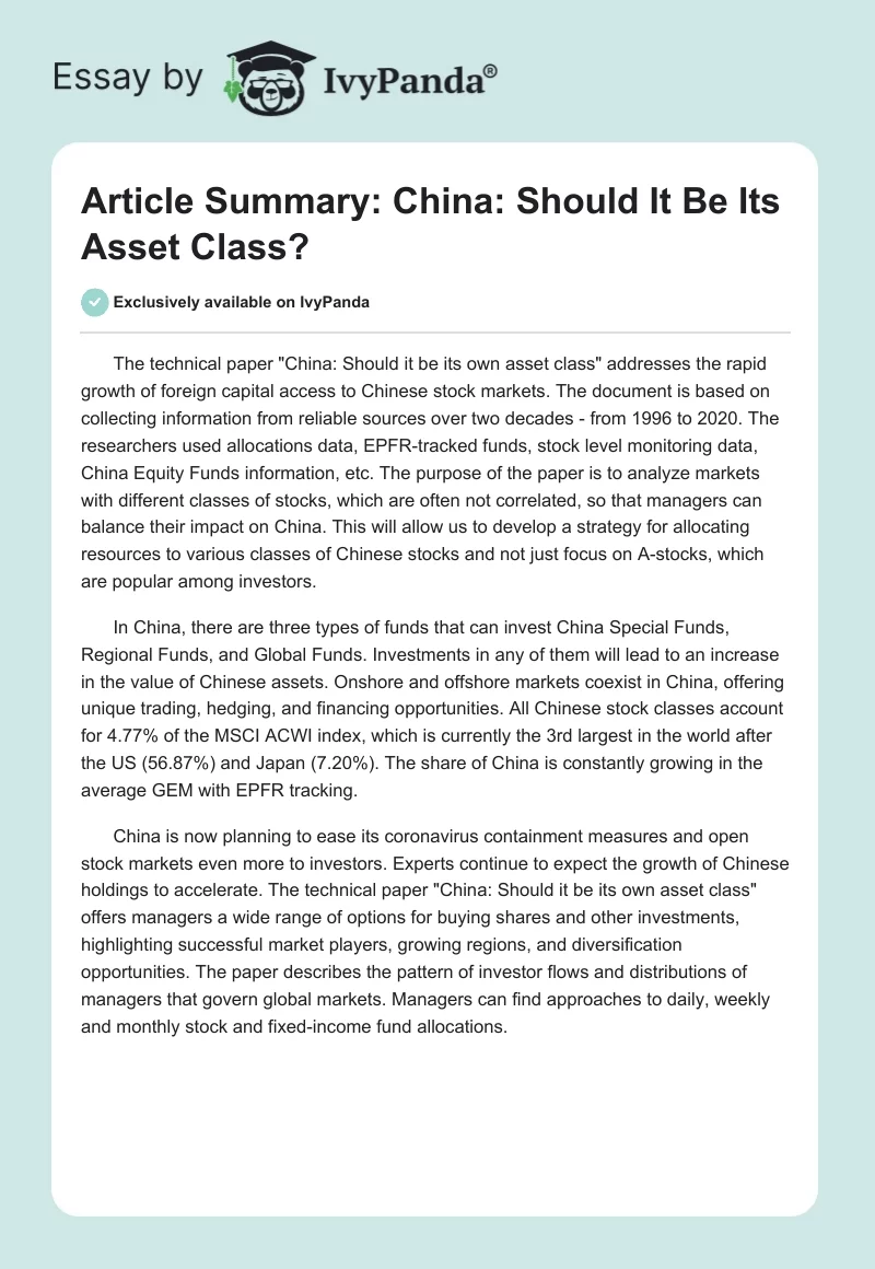 Article Summary: China: Should It Be Its Asset Class?. Page 1