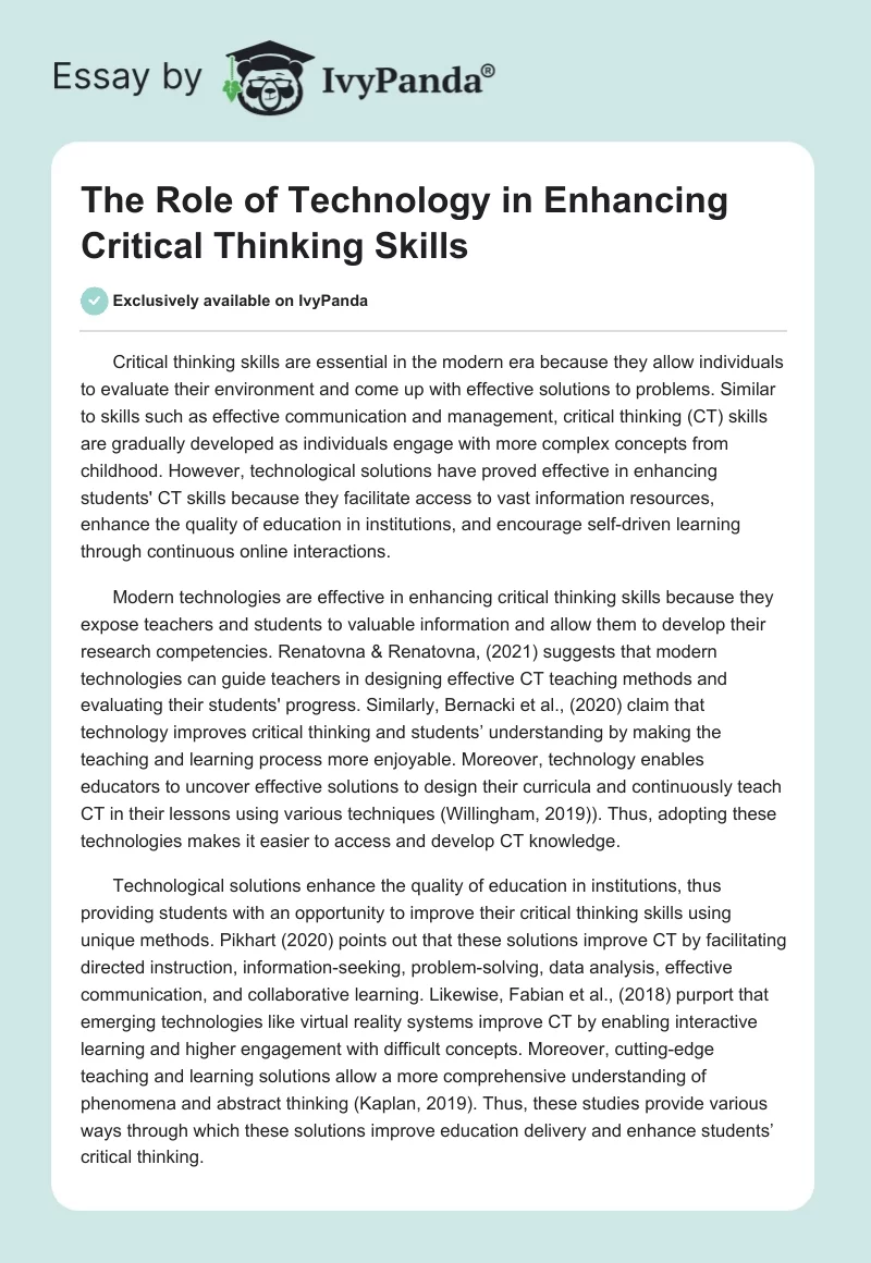 The Role of Technology in Enhancing Critical Thinking Skills. Page 1