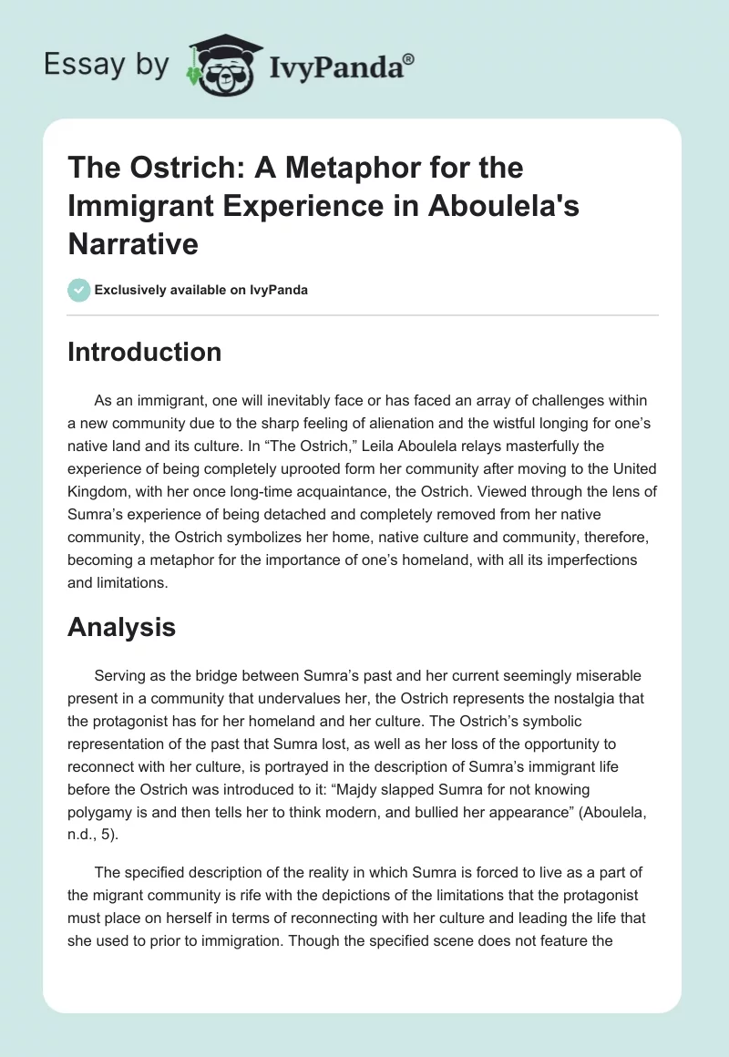 The Ostrich: A Metaphor for the Immigrant Experience in Aboulela's Narrative. Page 1