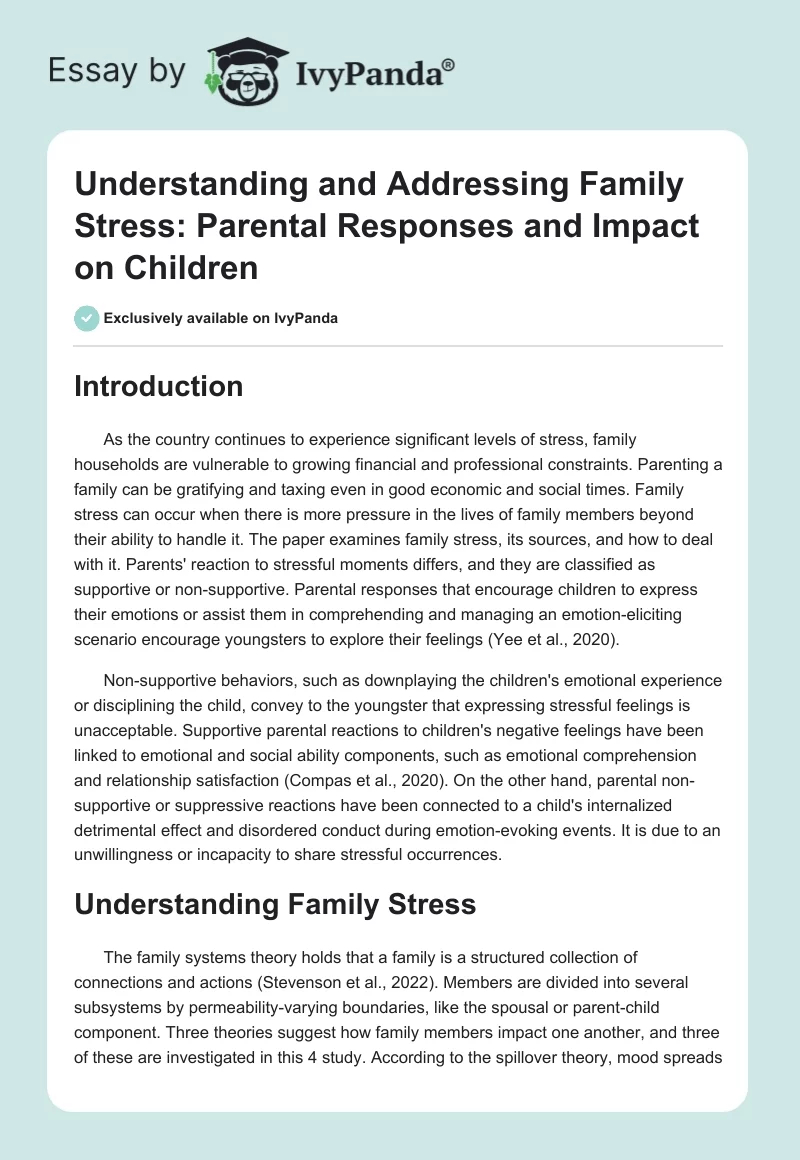 Understanding and Addressing Family Stress: Parental Responses and Impact on Children. Page 1