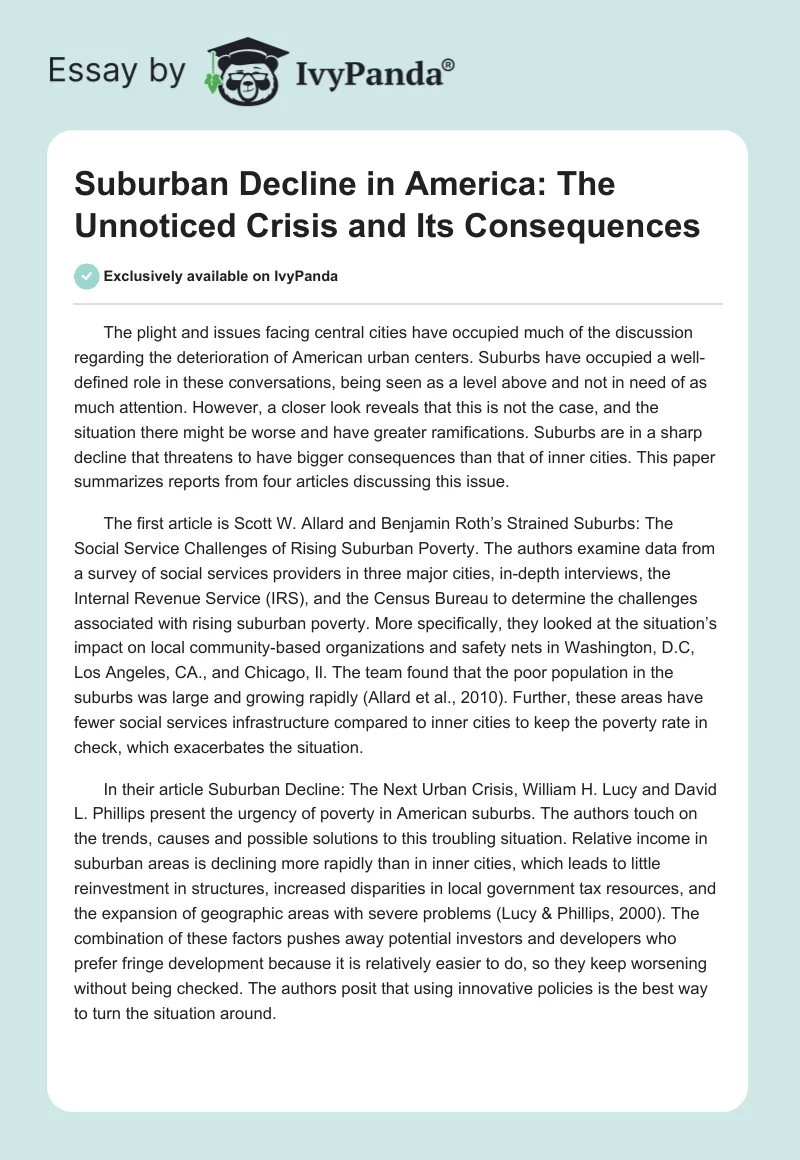 Suburban Decline in America: The Unnoticed Crisis and Its Consequences. Page 1
