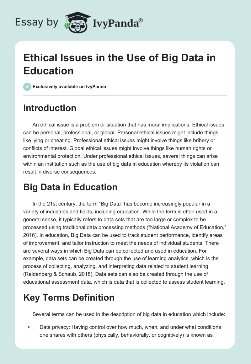 Ethical Issues in the Use of Big Data in Education. Page 1