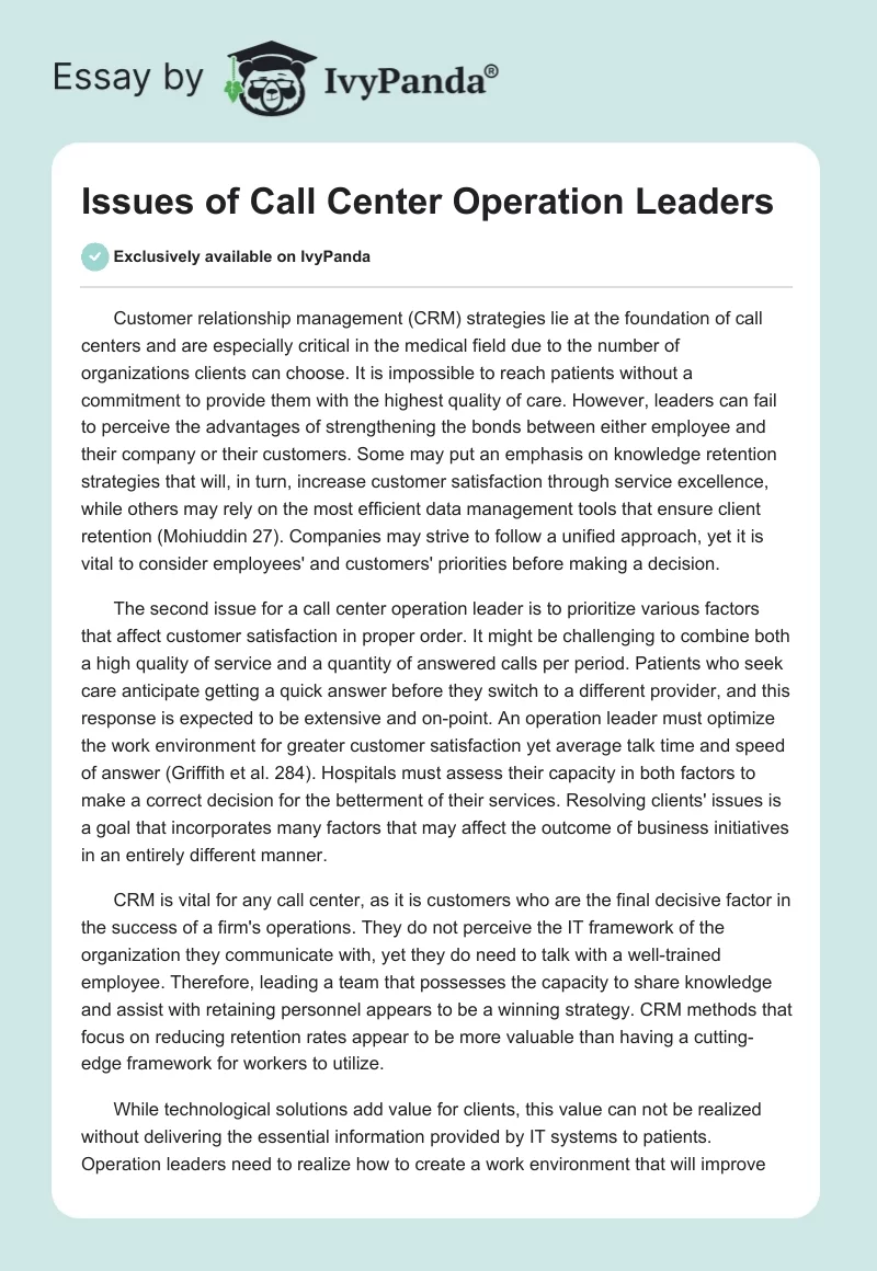 Issues of Call Center Operation Leaders. Page 1
