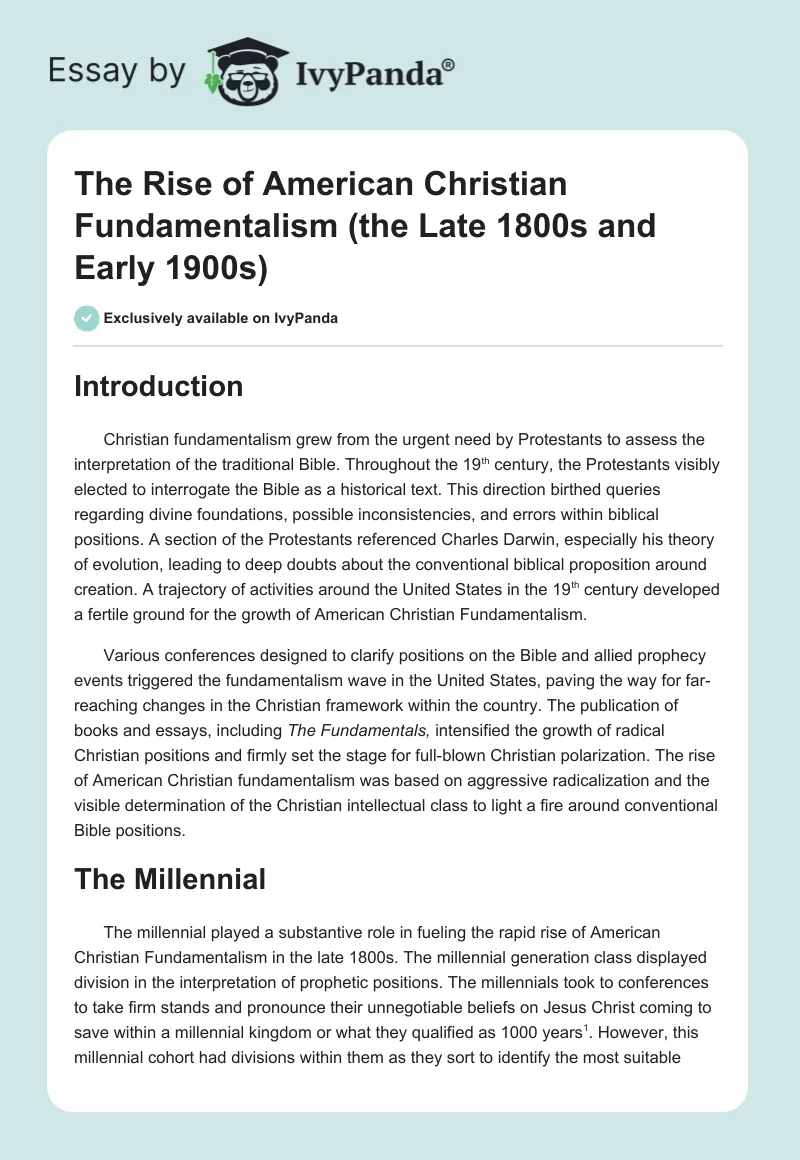 The Rise of American Christian Fundamentalism (the Late 1800s and Early 1900s). Page 1