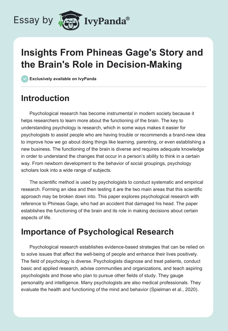 Insights From Phineas Gage's Story and the Brain's Role in Decision-Making. Page 1