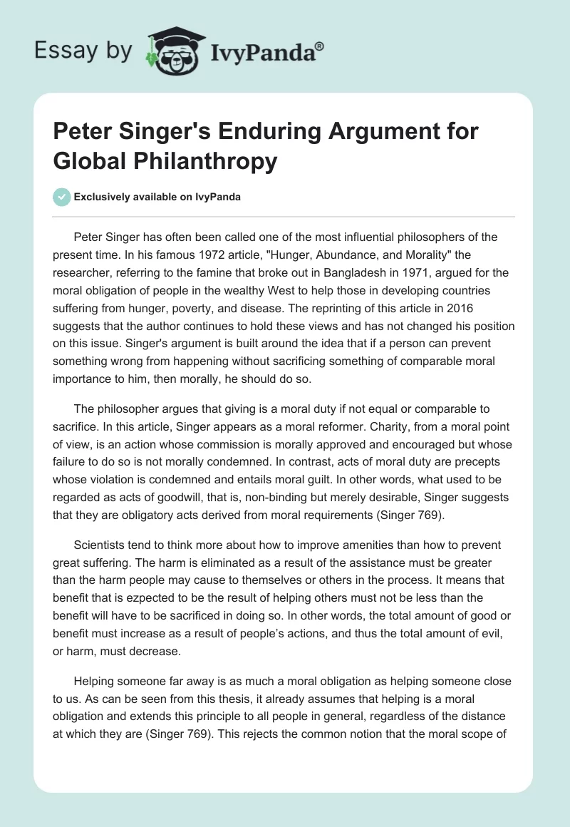 Peter Singer's Enduring Argument for Global Philanthropy. Page 1