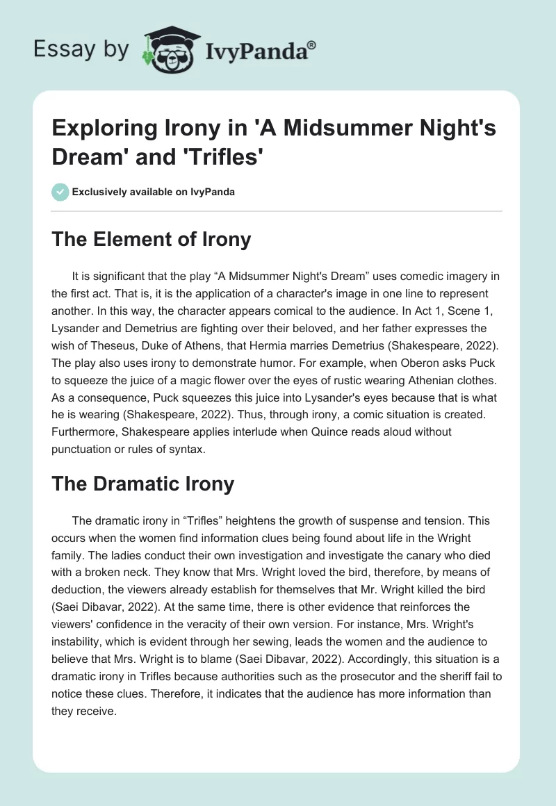 Exploring Irony in 'A Midsummer Night's Dream' and 'Trifles'. Page 1