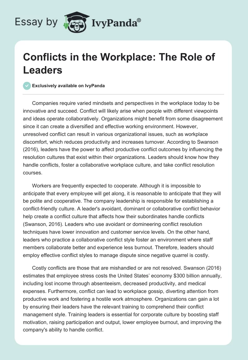 Conflicts in the Workplace: The Role of Leaders. Page 1