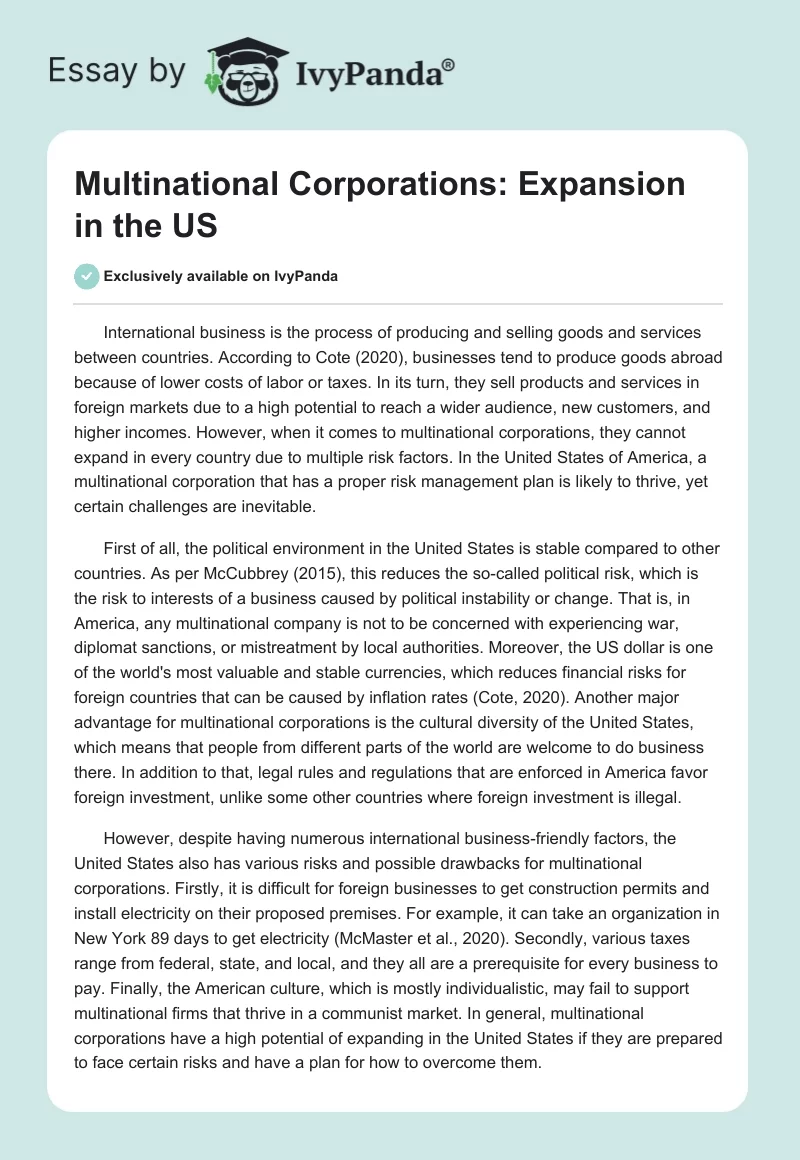 Multinational Corporations: Expansion in the US. Page 1