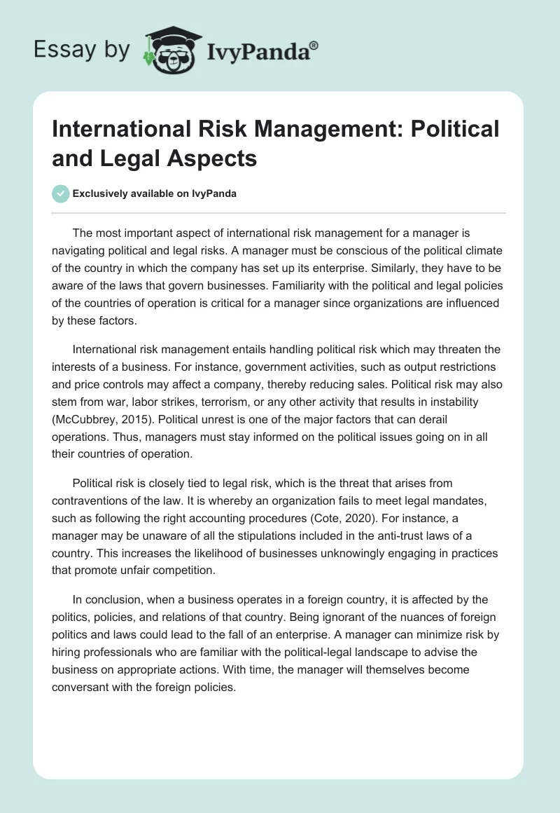 International Risk Management: Political and Legal Aspects. Page 1