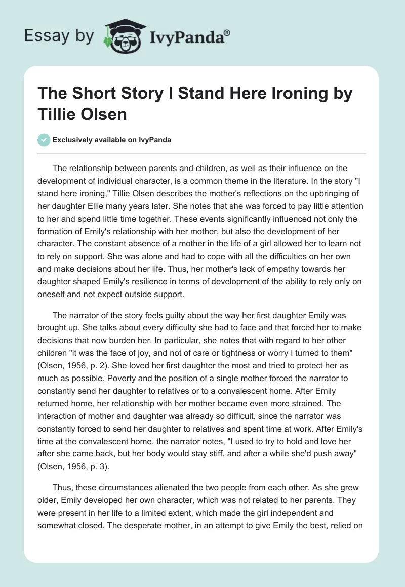 The Short Story "I Stand Here Ironing" by Tillie Olsen. Page 1