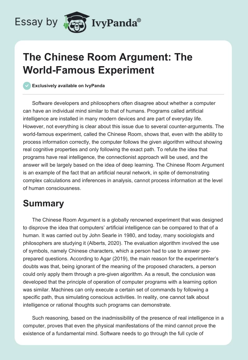 The Chinese Room Argument: The World-Famous Experiment. Page 1