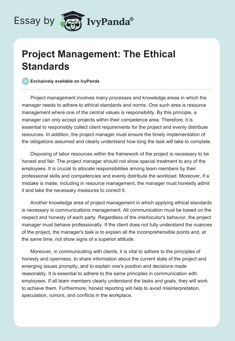 Project Management: The Ethical Standards. Page 1