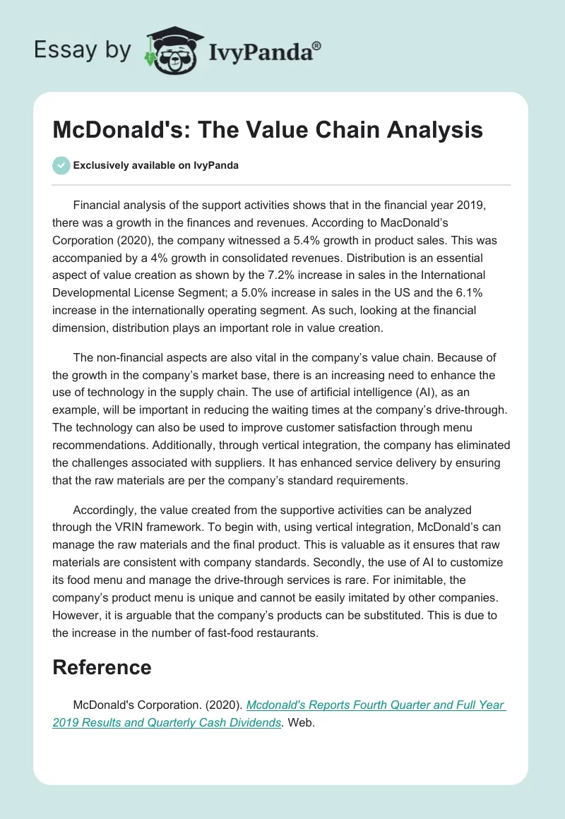 McDonald's: The Value Chain Analysis. Page 1