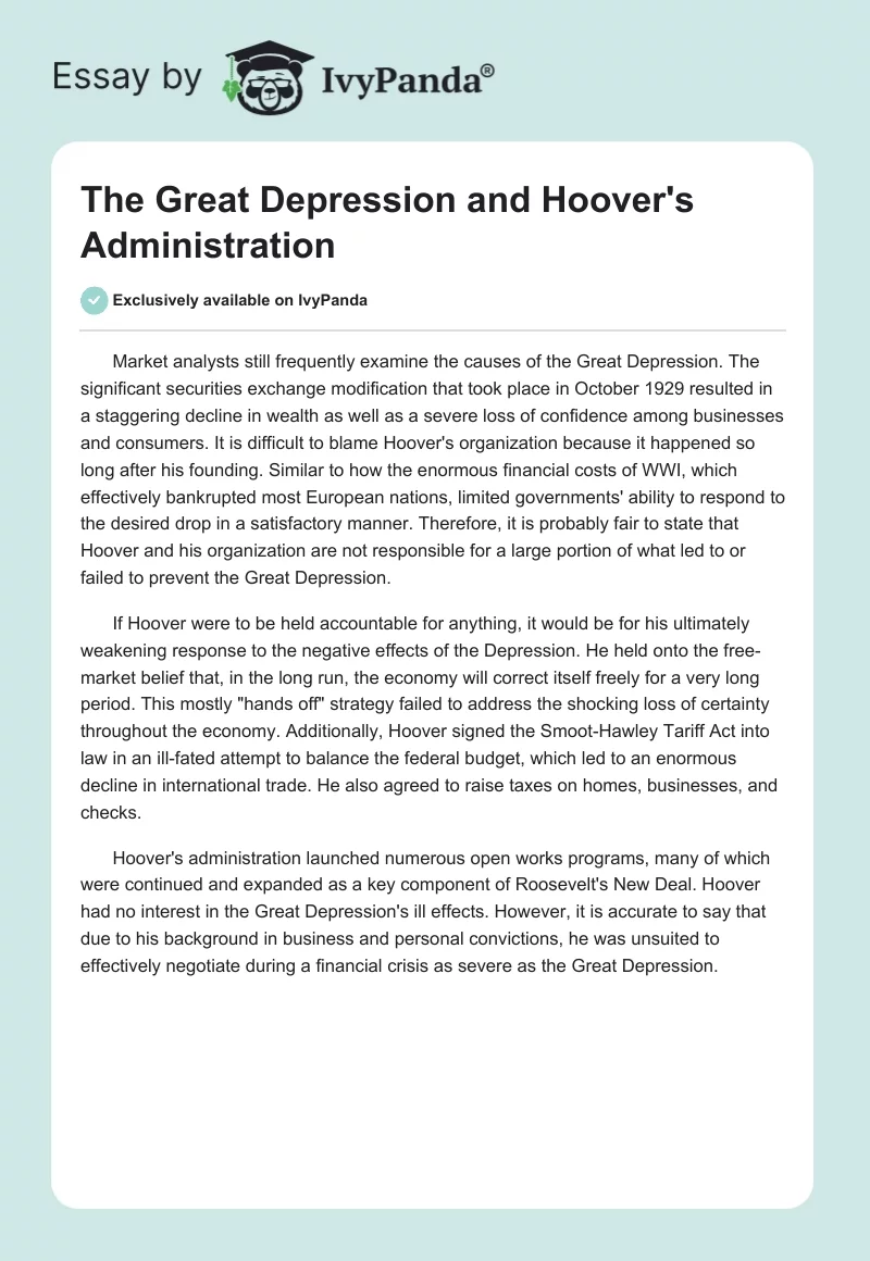 The Great Depression and Hoover's Administration. Page 1