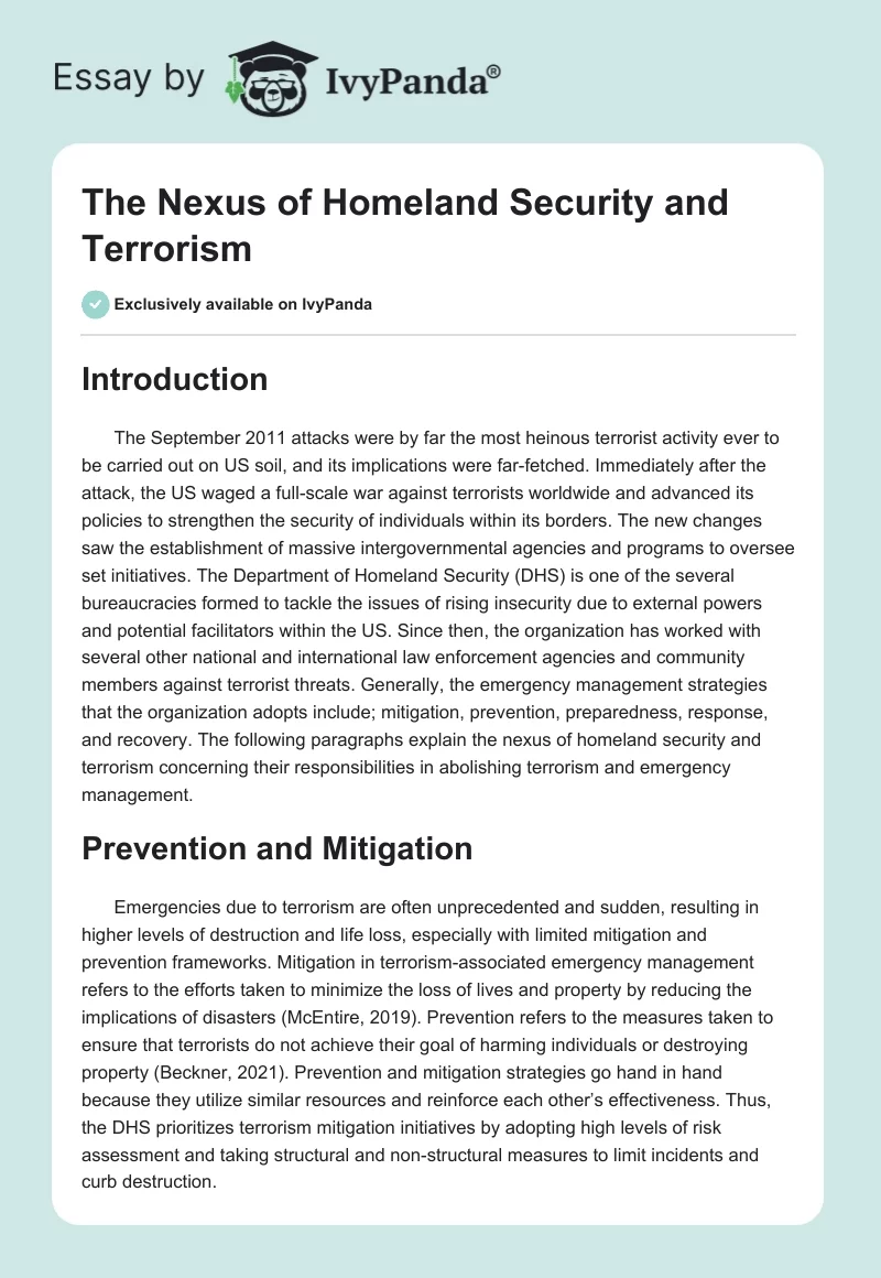 The Nexus of Homeland Security and Terrorism. Page 1