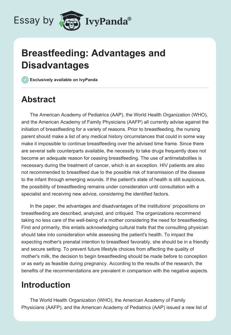 Breastfeeding: Advantages and Disadvantages. Page 1