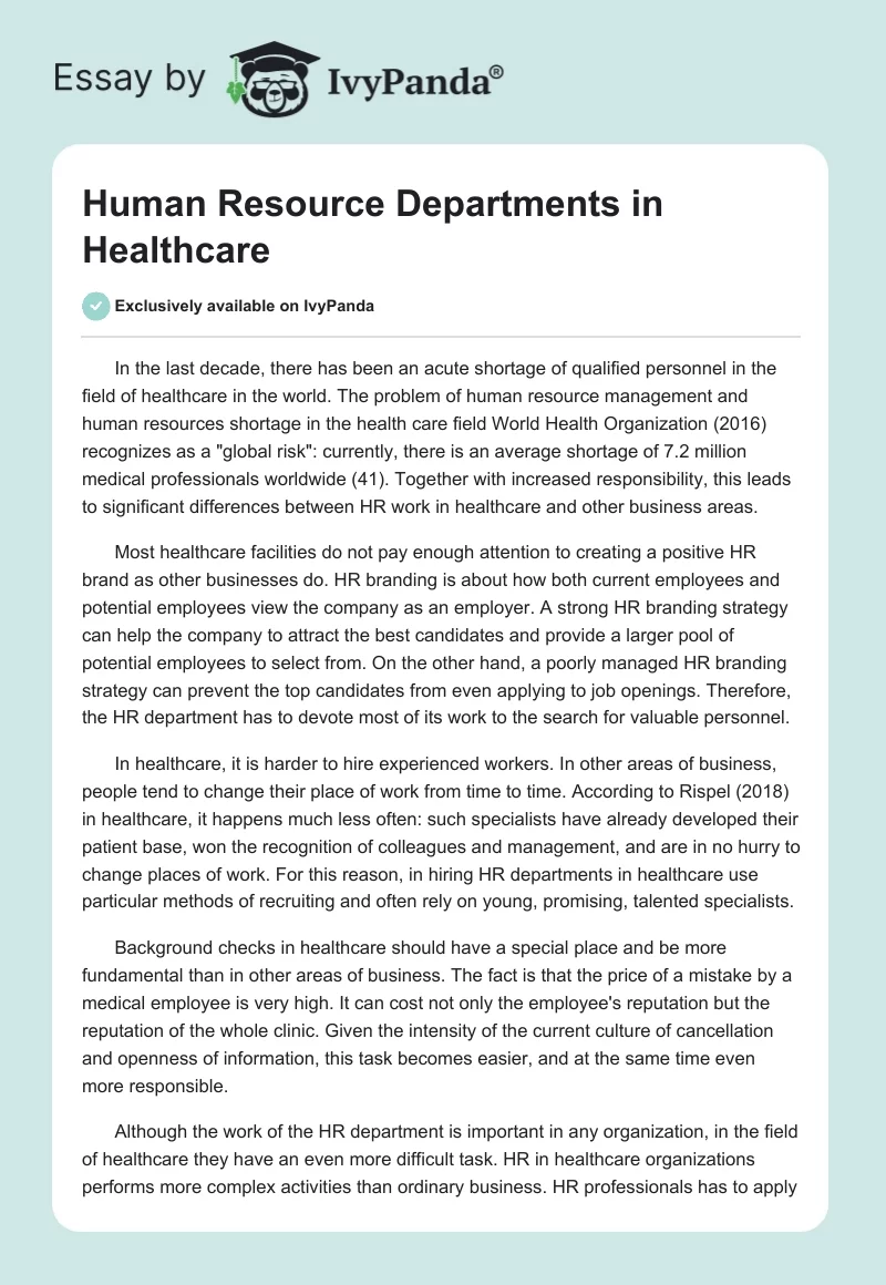 Human Resource Departments in Healthcare. Page 1