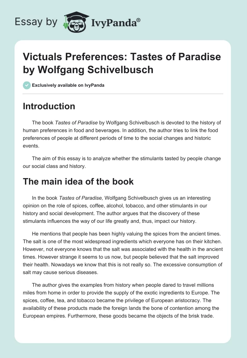 Victuals Preferences: "Tastes of Paradise" by Wolfgang Schivelbusch. Page 1