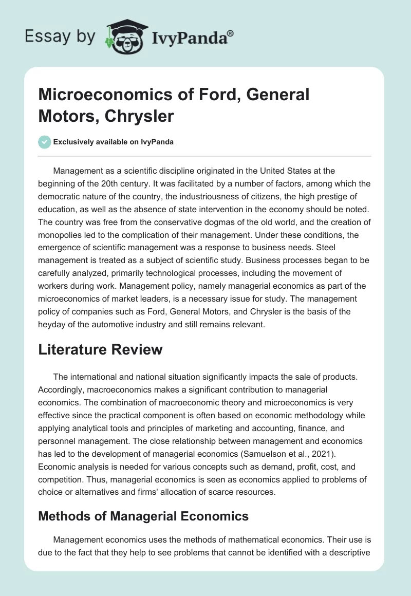 Microeconomics of Ford, General Motors, Chrysler. Page 1