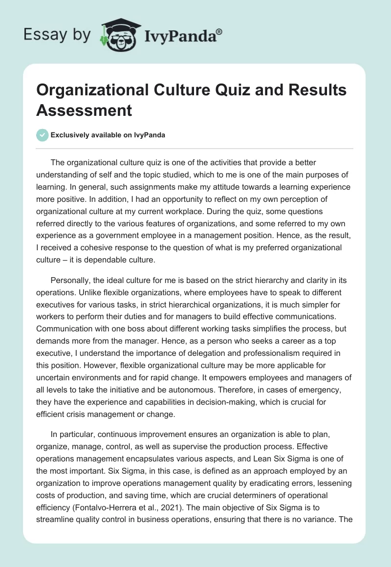 Organizational Culture Quiz and Results Assessment. Page 1