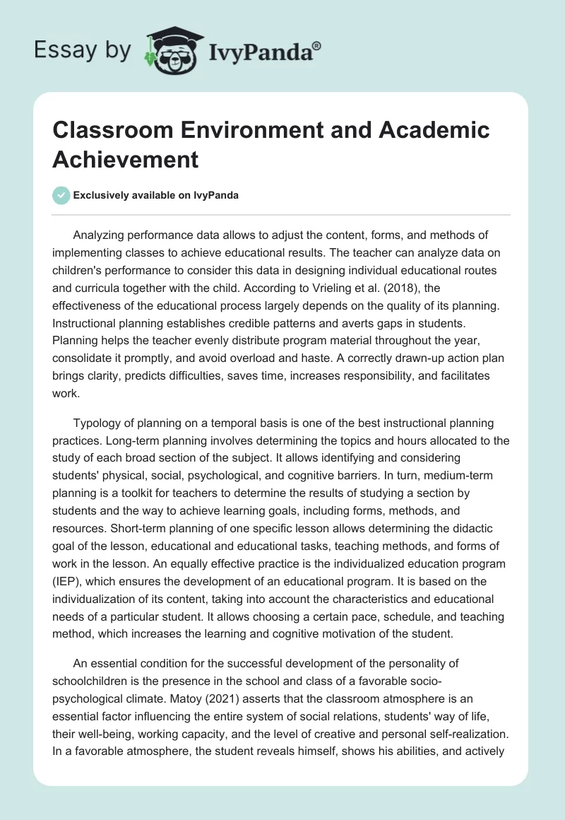 Classroom Environment and Academic Achievement. Page 1