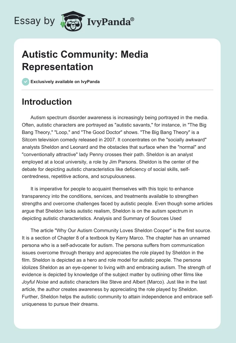 Autistic Community: Media Representation. Page 1