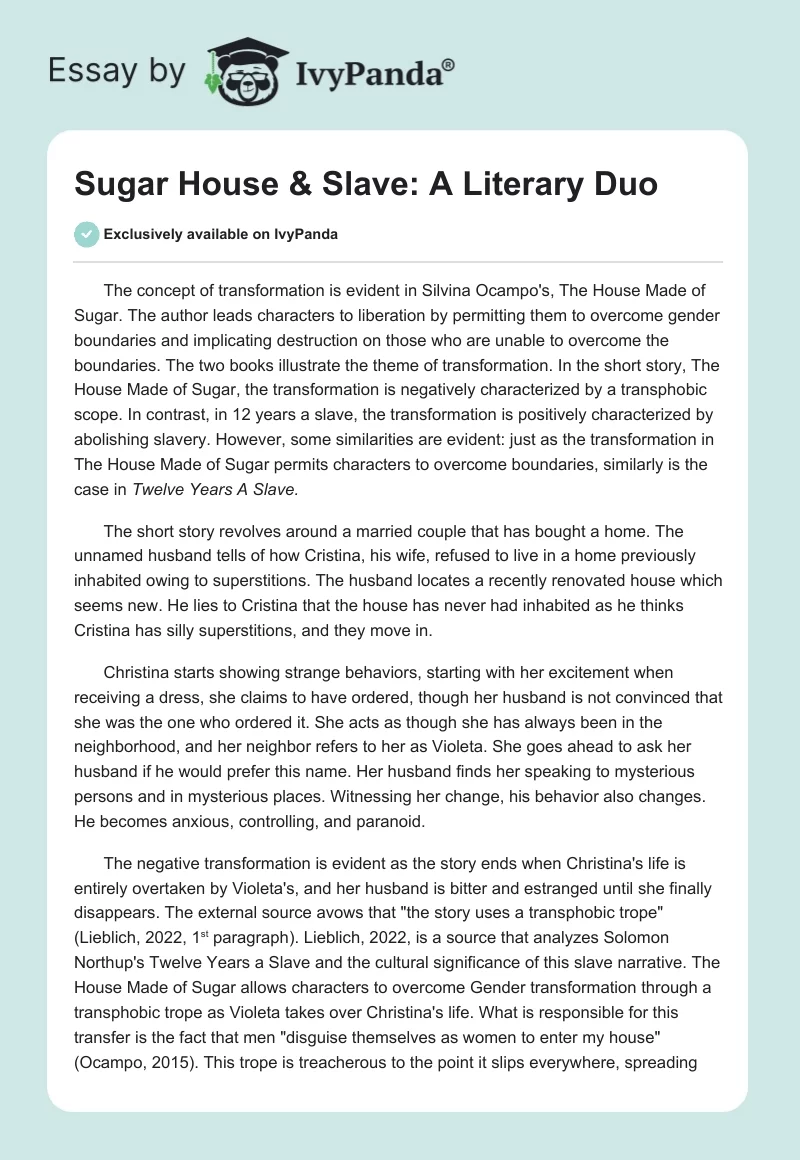 Sugar House & Slave: A Literary Duo. Page 1
