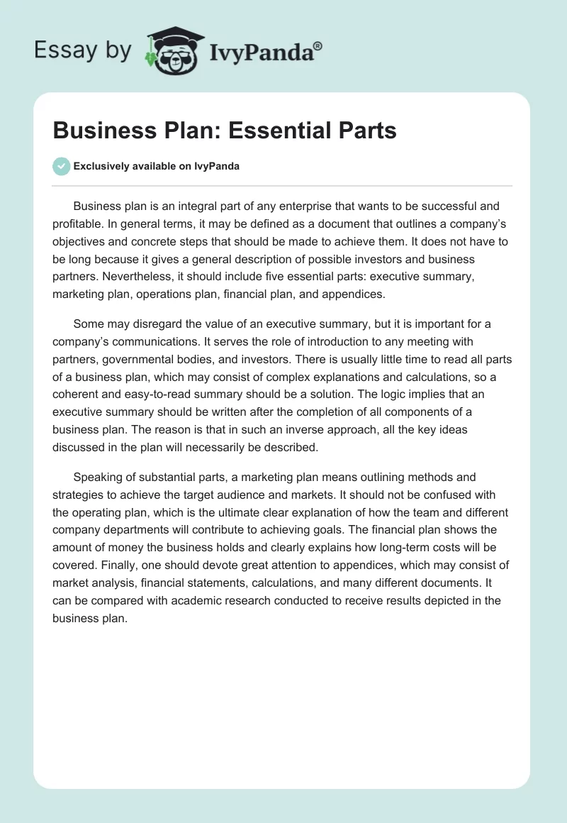 Business Plan: Essential Parts. Page 1