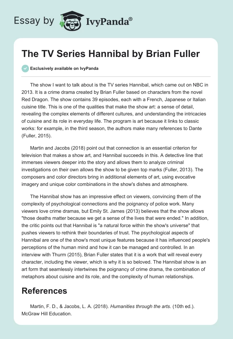 The TV Series "Hannibal" by Brian Fuller. Page 1