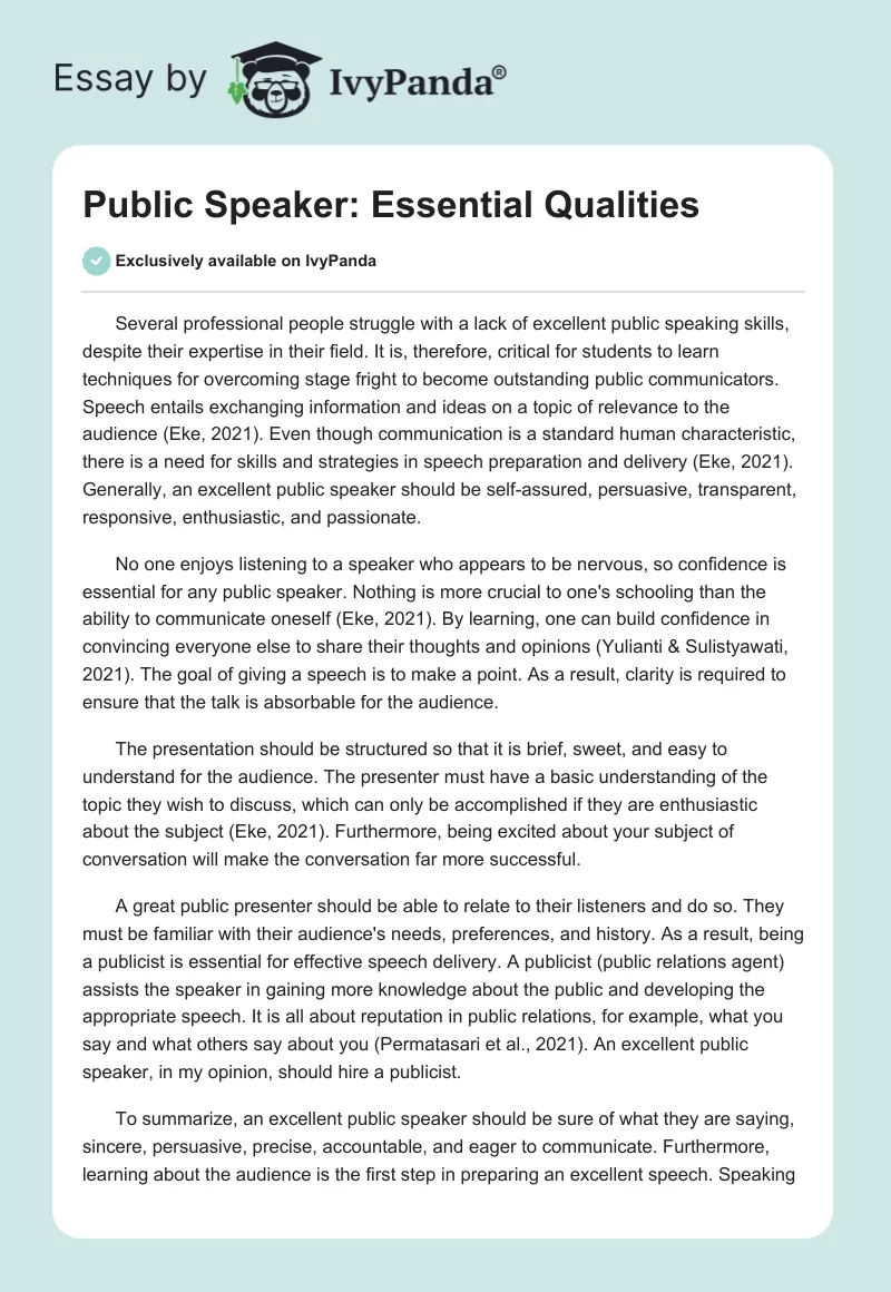 Public Speaker: Essential Qualities. Page 1