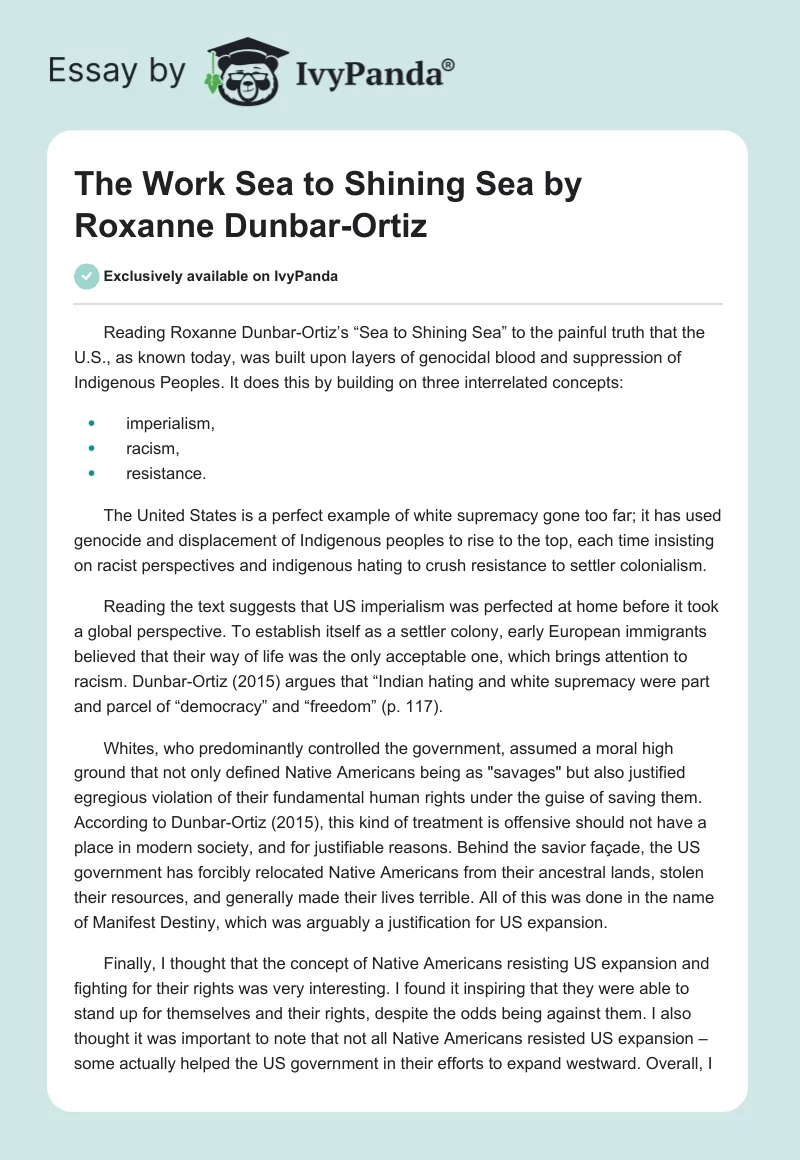 The Work "Sea to Shining Sea" by Roxanne Dunbar-Ortiz. Page 1
