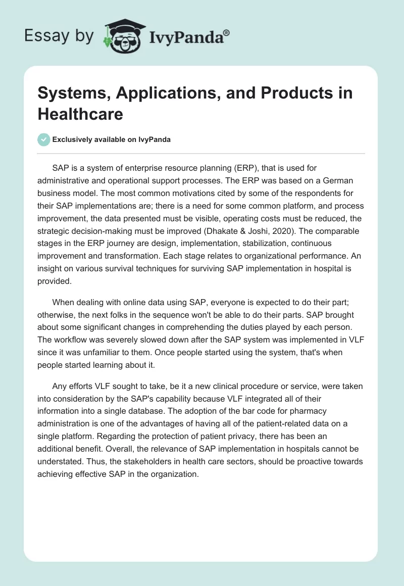 Systems, Applications, and Products in Healthcare. Page 1