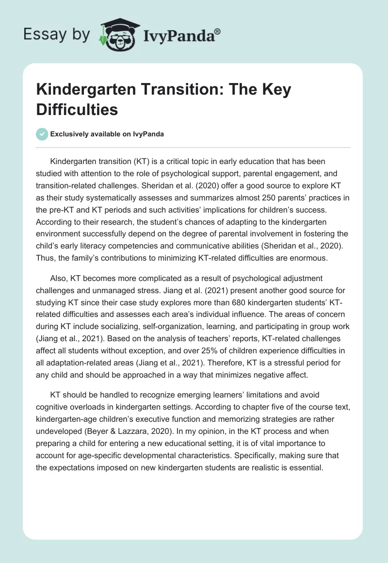 Kindergarten Transition: The Key Difficulties. Page 1