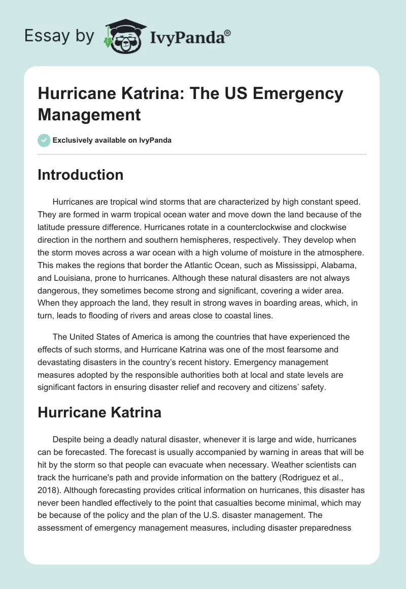 Hurricane Katrina: The US Emergency Management. Page 1