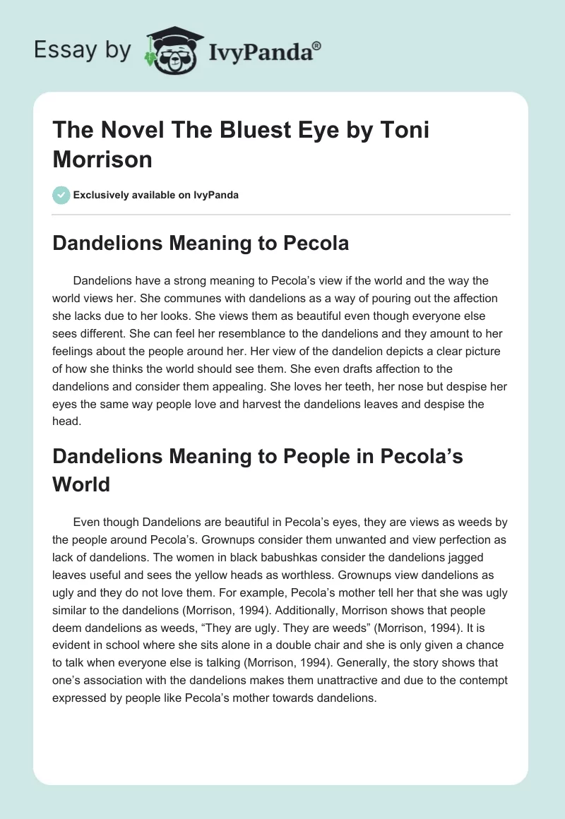 The Novel "The Bluest Eye" by Toni Morrison. Page 1