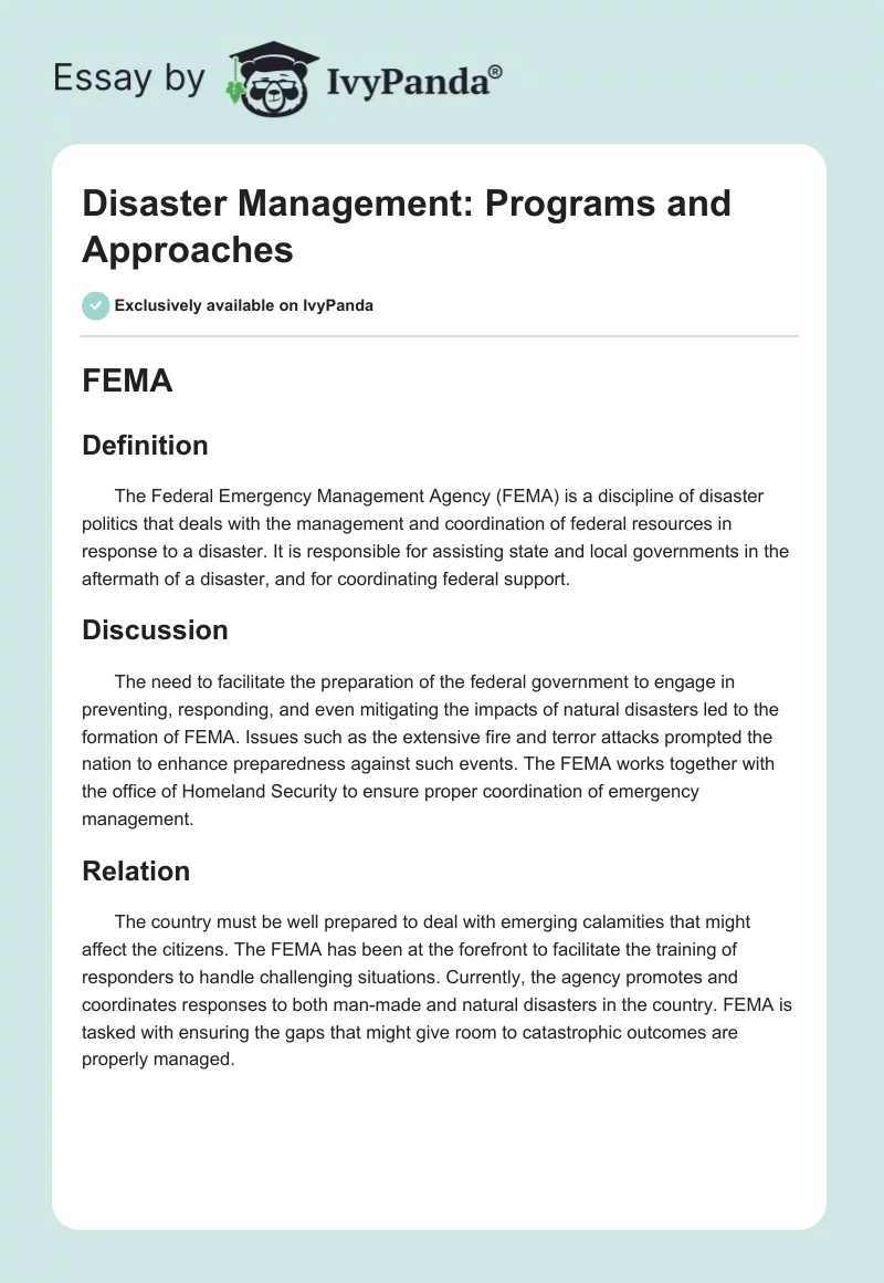 Disaster Management: Programs and Approaches. Page 1